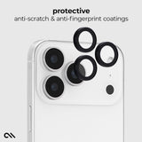 White smartphone shown from the back with four black camera lens protectors floating above the camera area. Text at the top reads 'protective anti-scratch & anti-fingerprint coatings' on a light gray background.
#color_midnight black