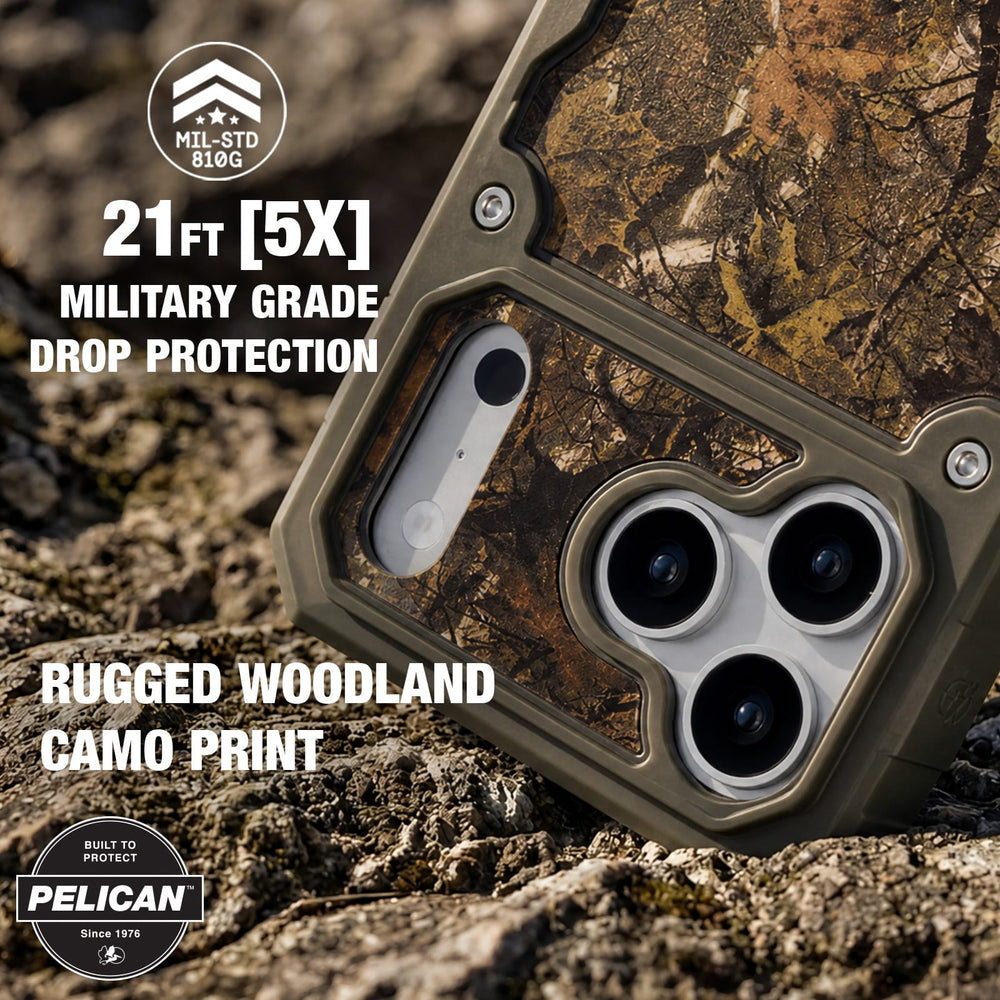 A rugged Pelican phone case with a woodland camouflage print and olive green trim, shown resting on rocky ground outdoors. The image includes promotional text highlighting 21 feet of drop protection and military-grade durability.
#color_shield elements hunter camo