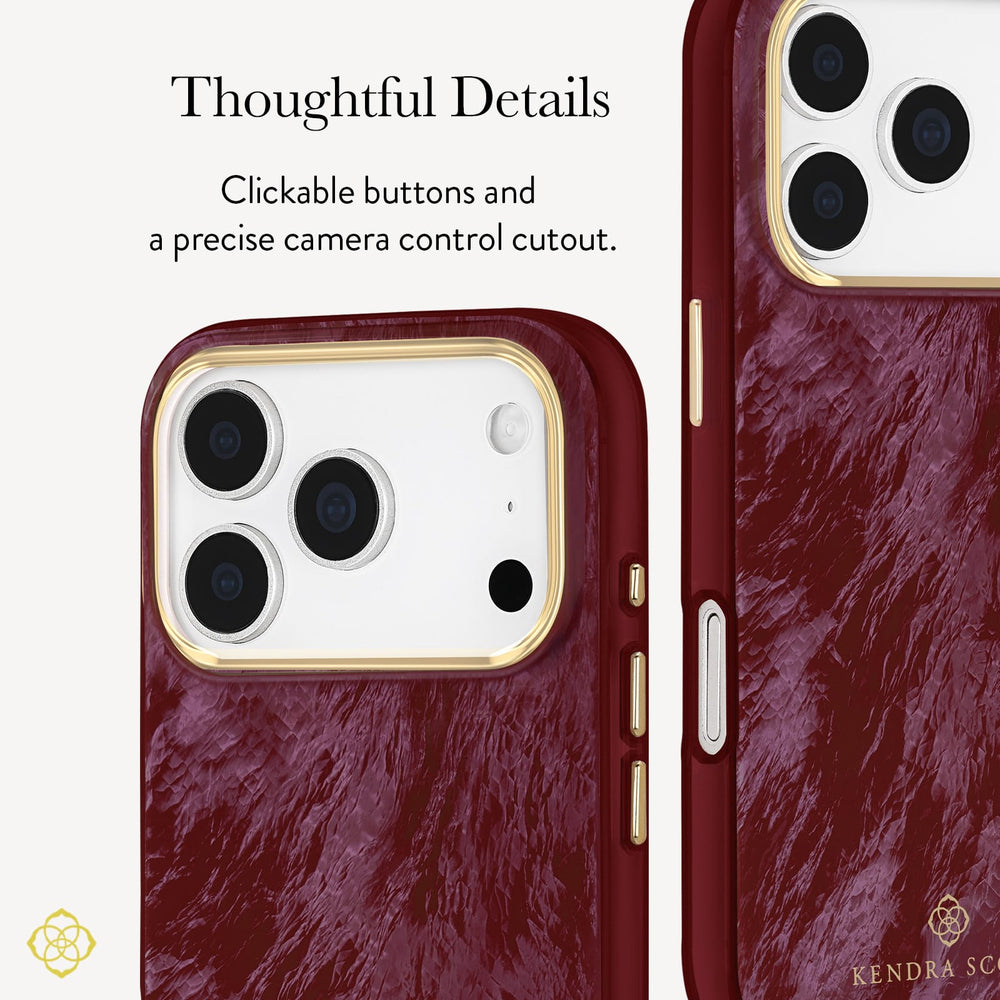 A close-up view of a phone case with a deep burgundy marbled texture, gold-toned camera ring, and gold side buttons. Text on the left reads 'Thoughtful Details' and describes tactile buttons and a precise camera control cutout.
#color_cherry lacquer pearl