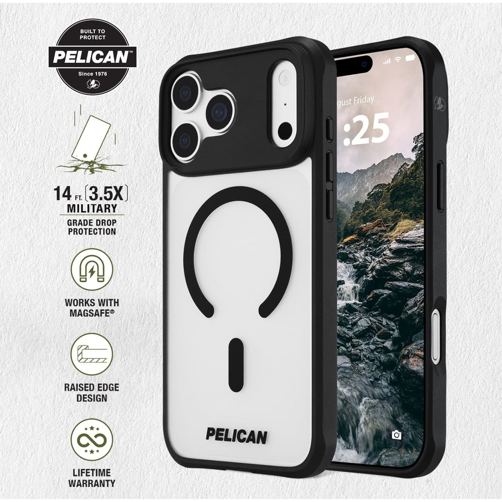 Built to Protect Pelican, 14 feet 3.5x military grade drop protection. Works with MagSafe. Raised Edge Design. Lifetime warranty
#color_ranger frosted clear/black
