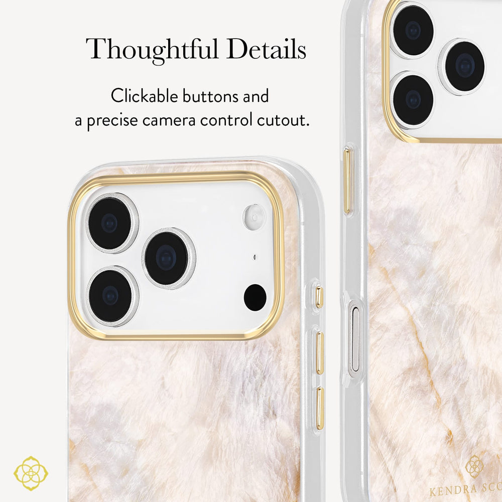A clear phone case with a white and beige marble pattern and gold trim, shown on a smartphone from multiple angles with text highlighting tactile buttons and a precise camera control cutout.
#color_champagne oyster pearl