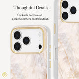 A clear phone case with a white and beige marble pattern and gold trim, shown on a smartphone from multiple angles with text highlighting tactile buttons and a precise camera control cutout.
#color_champagne oyster pearl