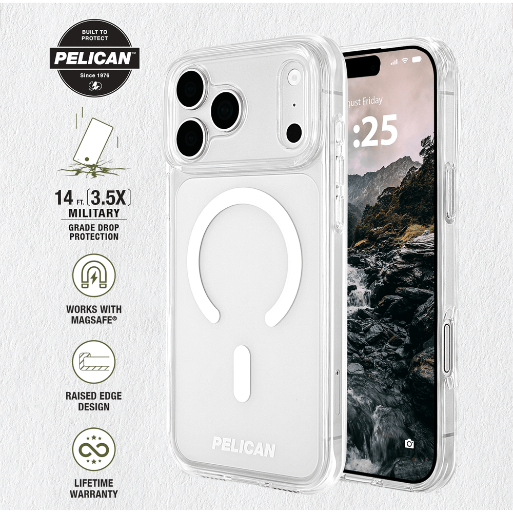 Built to Protect Pelican, 14 feet 3.5x military grade drop protection. Works with MagSafe.
Raised Edge Design. Lifetime warranty

#color_ranger clear
