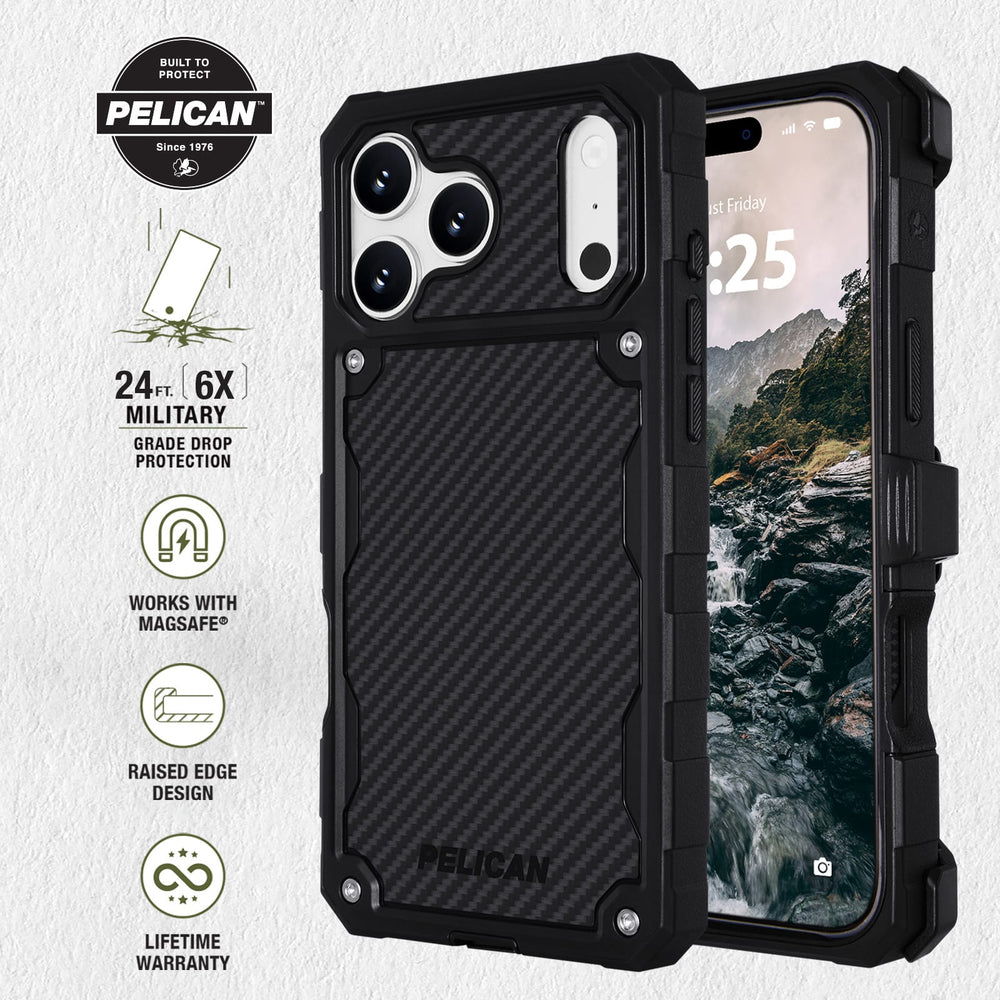 Built to Protect Pelican, 24 feet 6x military grade drop protection. Works with MagSafe. Raised Edge Design. Lifetime warranty
#color_shield carbon
