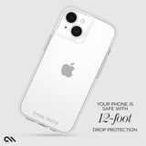 Transparent clear case for iPhone 15 with dual camera cutout and raised edges, showing white phone and Apple logo inside.