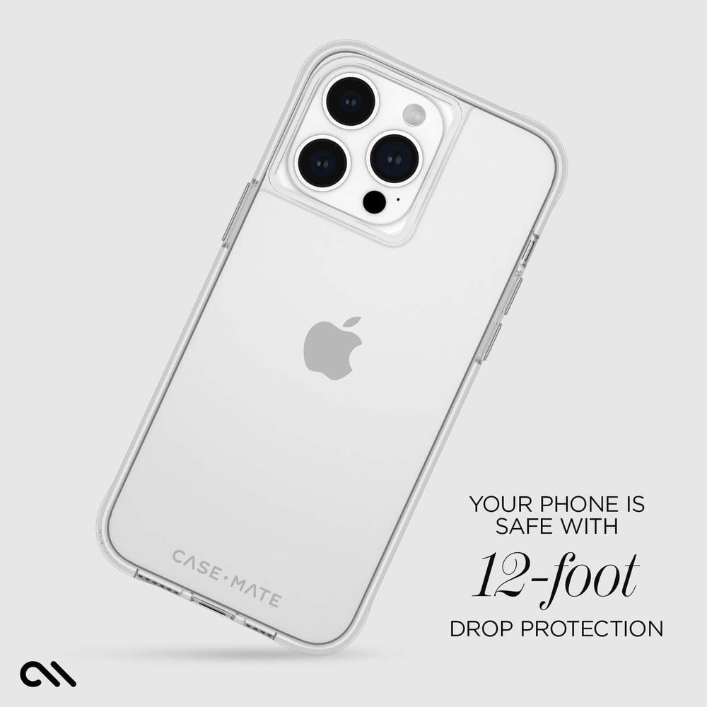 Clear protective case for iPhone 15 Pro Max with transparent back and raised camera frame, showing Apple logo and triple came