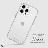 Clear protective case for iPhone 15 Pro Max with transparent back and raised camera frame, showing Apple logo and triple came