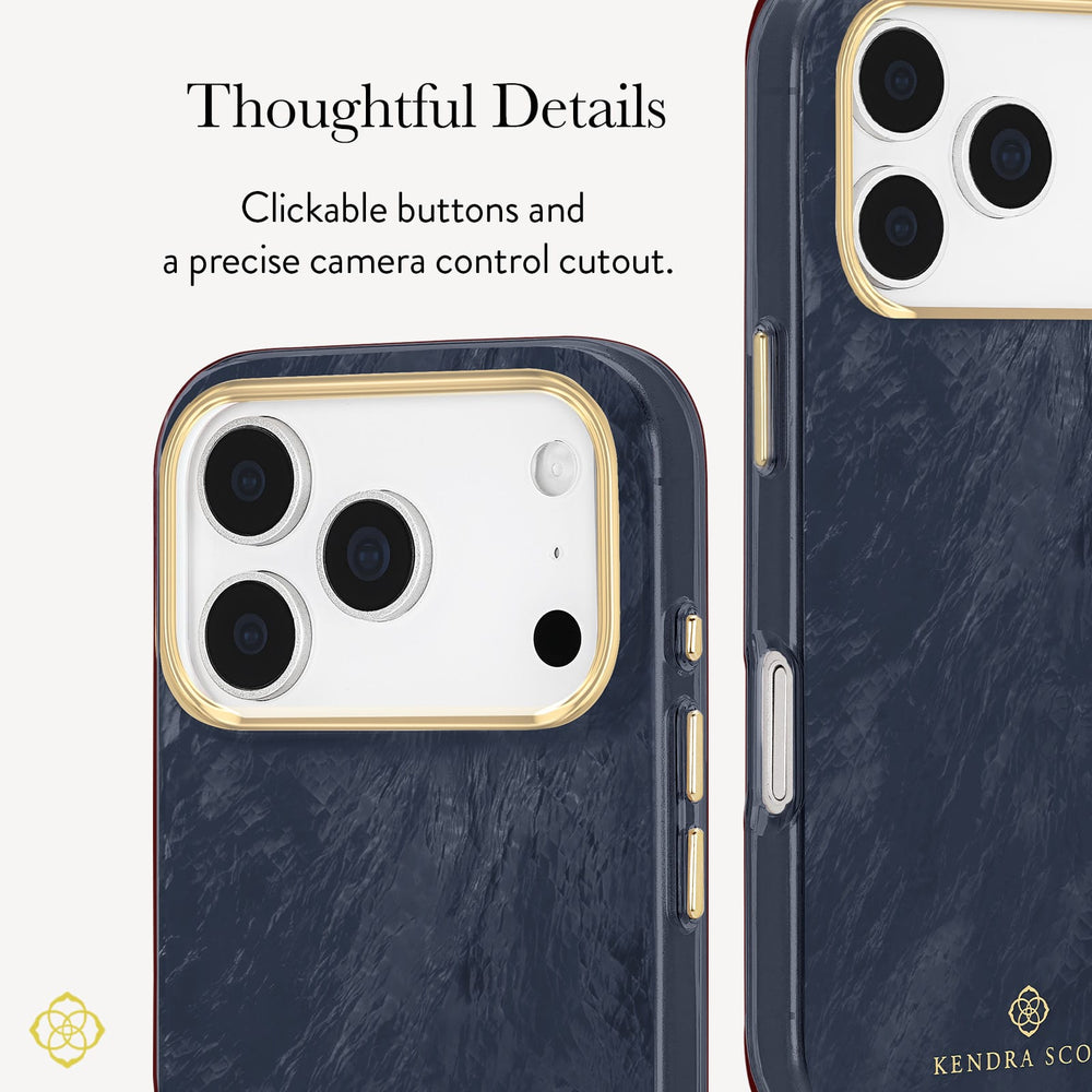 A close-up view of a phone case with a dark navy marbled back, gold-toned camera surround, and metallic side buttons. Text on the image reads 'Thoughtful Details' and highlights tactile buttons and a precise camera control cutout.
#color_navy pearl