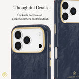 A close-up view of a phone case with a dark navy marbled back, gold-toned camera surround, and metallic side buttons. Text on the image reads 'Thoughtful Details' and highlights tactile buttons and a precise camera control cutout.
#color_navy pearl