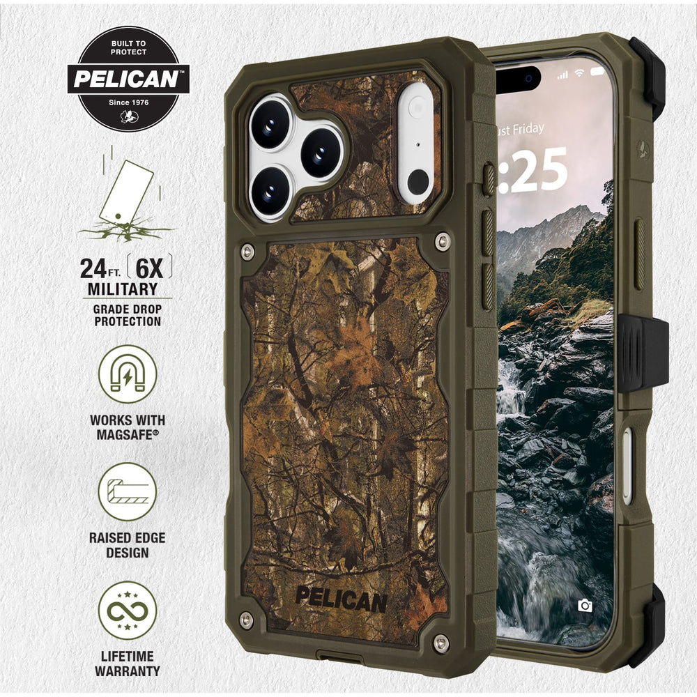 Built to Protect Pelican, 24 feet 6x military grade drop protection. Works with MagSafe. Raised Edge Design. Lifetime warranty
#color_shield elements hunter camo
