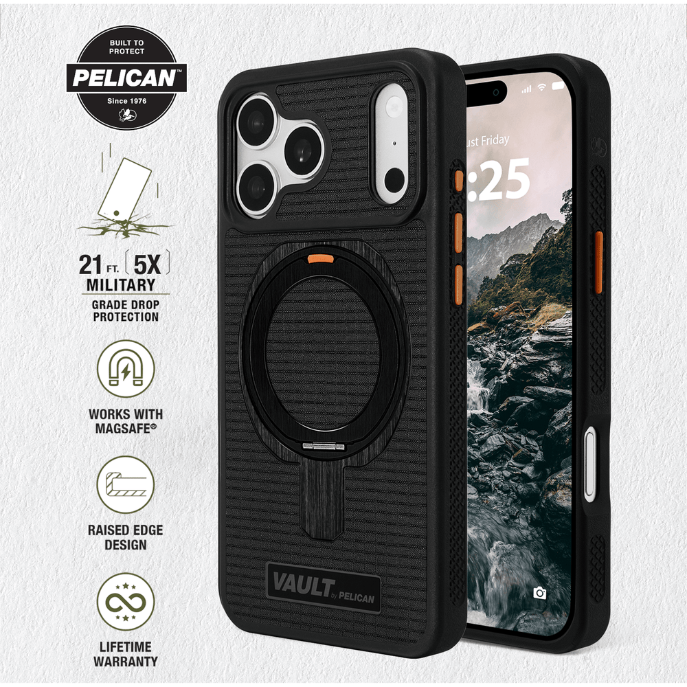 Built to Protect Pelican, 21 feet 5x military grade drop protection. Works with MagSafe. Raised Edge Design. Lifetime warranty
#color_vault black ripstop
