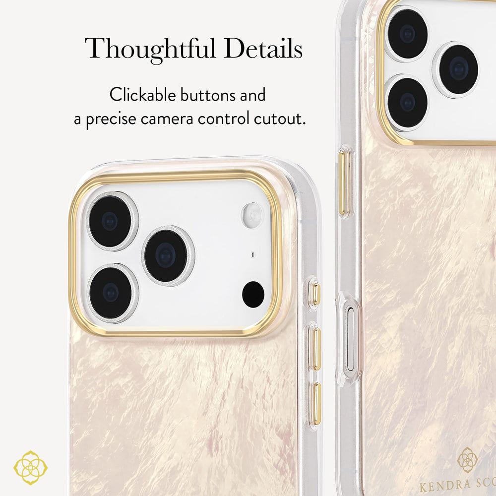 A clear phone case with a gold metallic border and a pale pink marbled back panel, shown on a phone with text callouts highlighting tactile buttons and camera control cutouts. 

#color_cream pearl