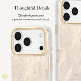 A clear phone case with a gold metallic border and a pale pink marbled back panel, shown on a phone with text callouts highlighting tactile buttons and camera control cutouts. 

#color_cream pearl