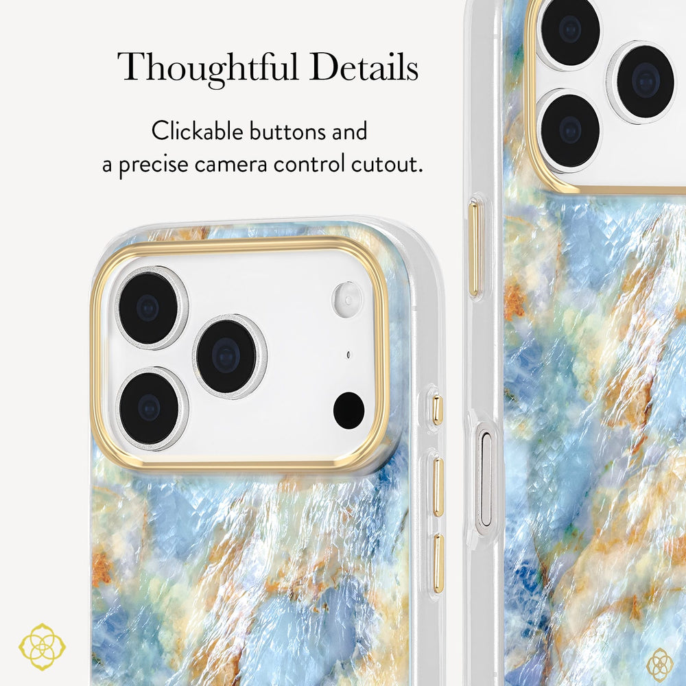 A clear phone case with a blue, white, and gold marbled pattern, shown on a white phone. The image includes text highlighting tactile buttons and a precise camera control cutout, with two views of the case on a clean white background.

#color_blue agate