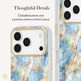 A clear phone case with a blue, white, and gold marbled pattern, shown on a white phone. The image includes text highlighting tactile buttons and a precise camera control cutout, with two views of the case on a clean white background.

#color_blue agate