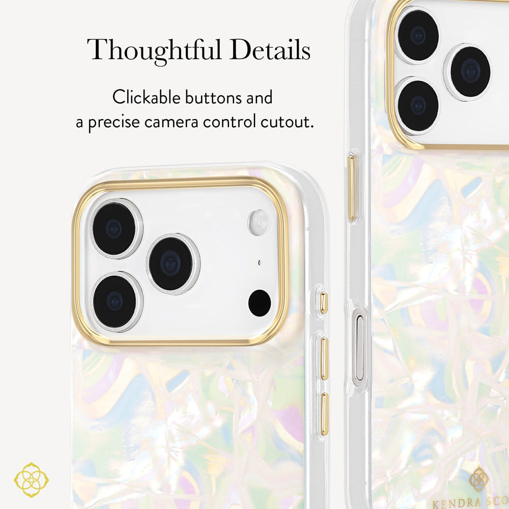 A clear phone case with an iridescent pastel floral pattern and gold camera ring trim, shown on a white phone. The image includes text highlighting tactile buttons and a precise camera control cutout.
#color_opalite pearl