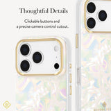 A clear phone case with an iridescent pastel floral pattern and gold camera ring trim, shown on a white phone. The image includes text highlighting tactile buttons and a precise camera control cutout.
#color_opalite pearl