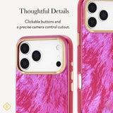 A pink phone case with an iridescent pearl finish and gold camera ring trim, shown on a white phone. The image includes text highlighting tactile buttons and a precise camera control cutout.
#color_raspberry pearl