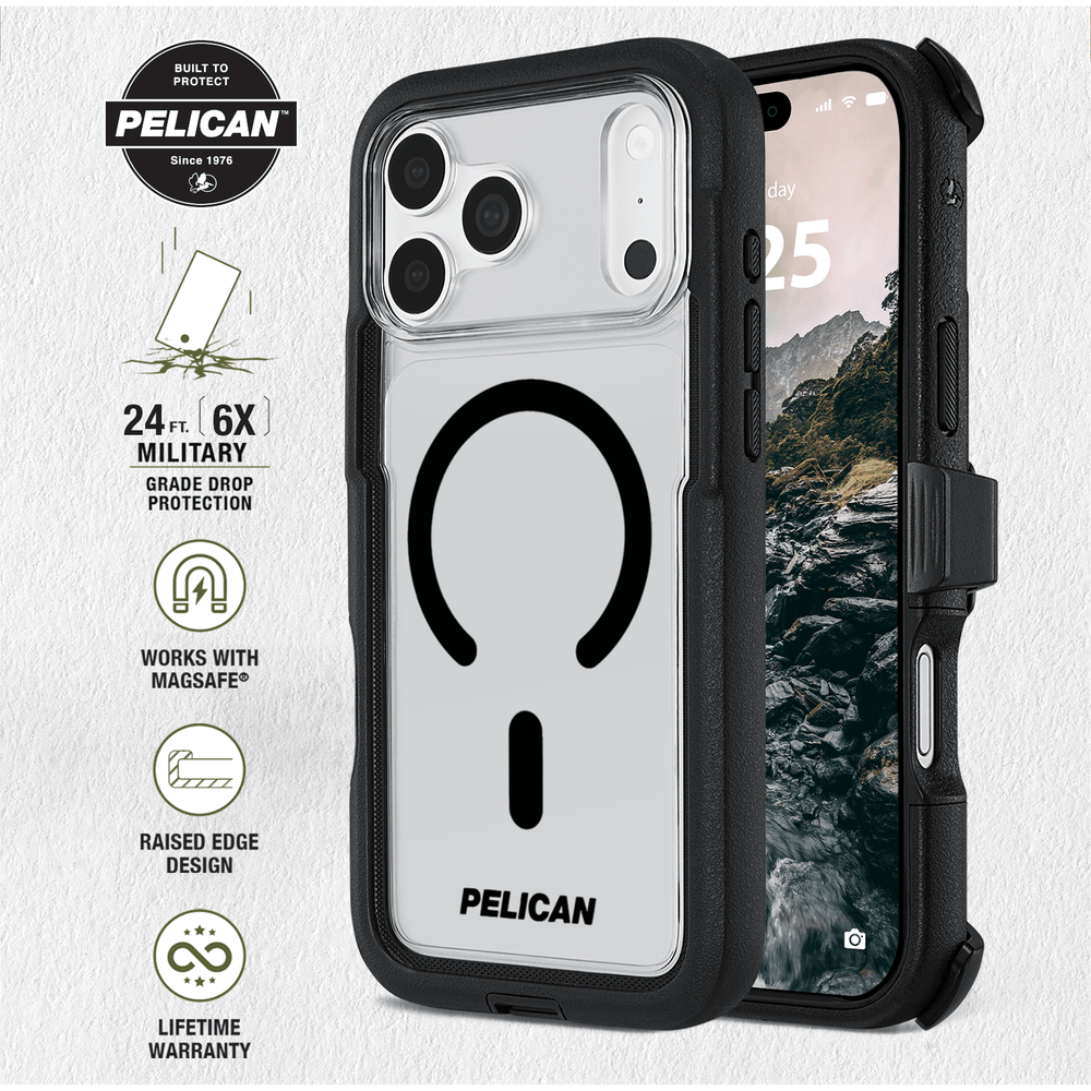 Built to Protect Pelican, 24 feet 6x military grade drop protection. Works with MagSafe. Raised Edge Design. Lifetime warranty
#color_voyager clear/black
