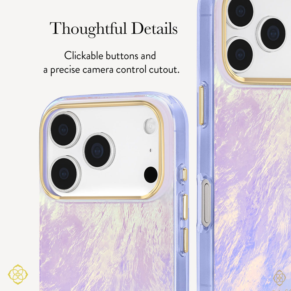 A close-up view of a phone case with a pastel marbled finish in lavender, lilac, and cream tones, plus metallic gold trim around the camera area and side buttons. Text on the left reads 'Thoughtful Details' and describes tactile buttons and a precise camera control cutout.

#color_blue pearl