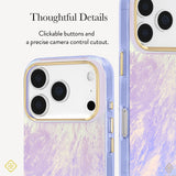 A close-up view of a phone case with a pastel marbled finish in lavender, lilac, and cream tones, plus metallic gold trim around the camera area and side buttons. Text on the left reads 'Thoughtful Details' and describes tactile buttons and a precise camera control cutout.

#color_blue pearl