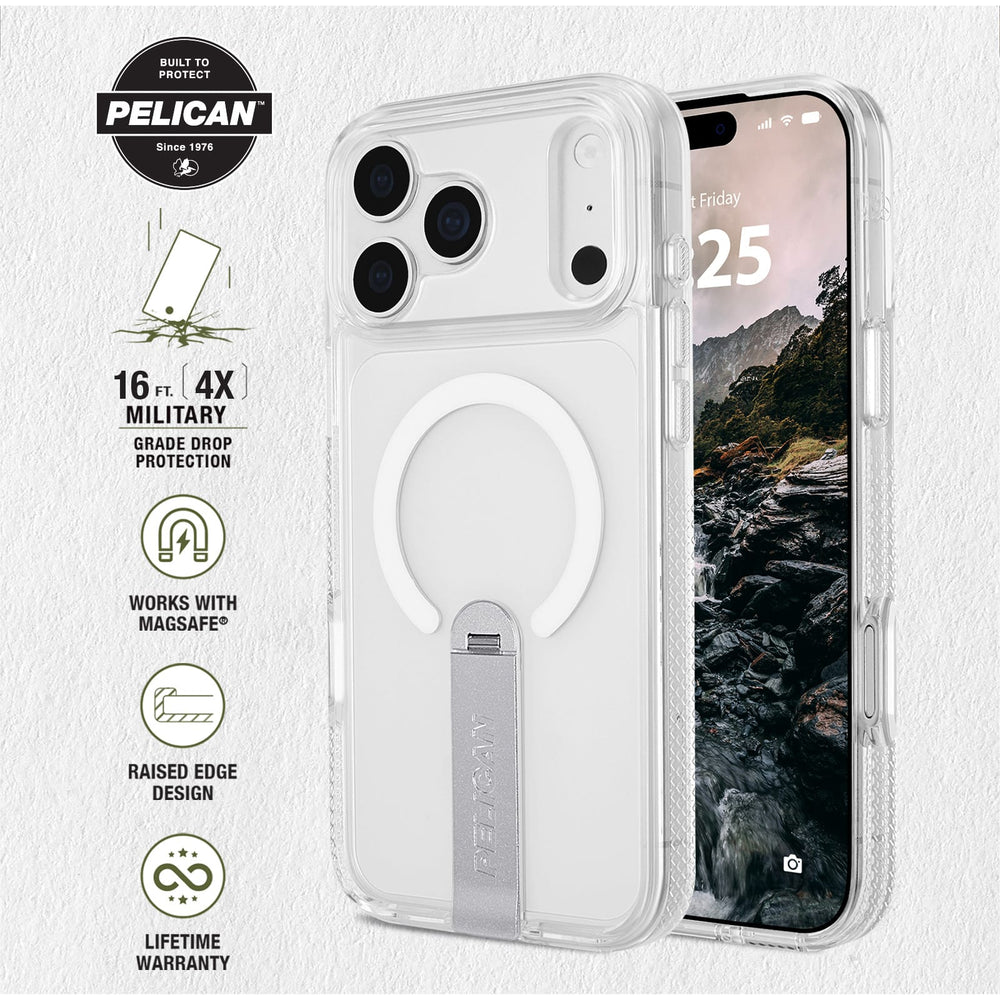 Built to Protect Pelican, 16 feet 4x military grade drop protection. Works with MagSafe.
Raised Edge Design. Lifetime warranty

#color_protector clear with stand