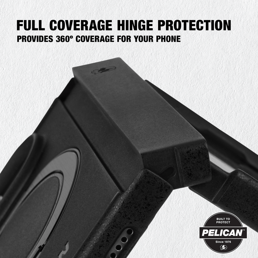 Black Pelican phone case with hinge protection, featuring a close-up of the hinge area with text 'FULL COVERAGE HINGE PROTECTION, Provides 360 degree coverage for your phone' and a Pelican logo badge.
#color_protector black