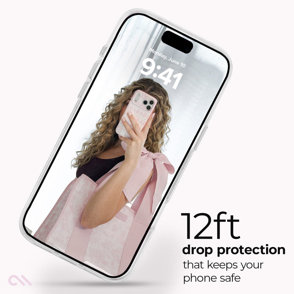 A clear smartphone case shown on a phone mockup, with a mirror-style screen reflection and text reading '12ft drop protection that keeps your phone safe' on a light gray background.
#color_karat crystal
