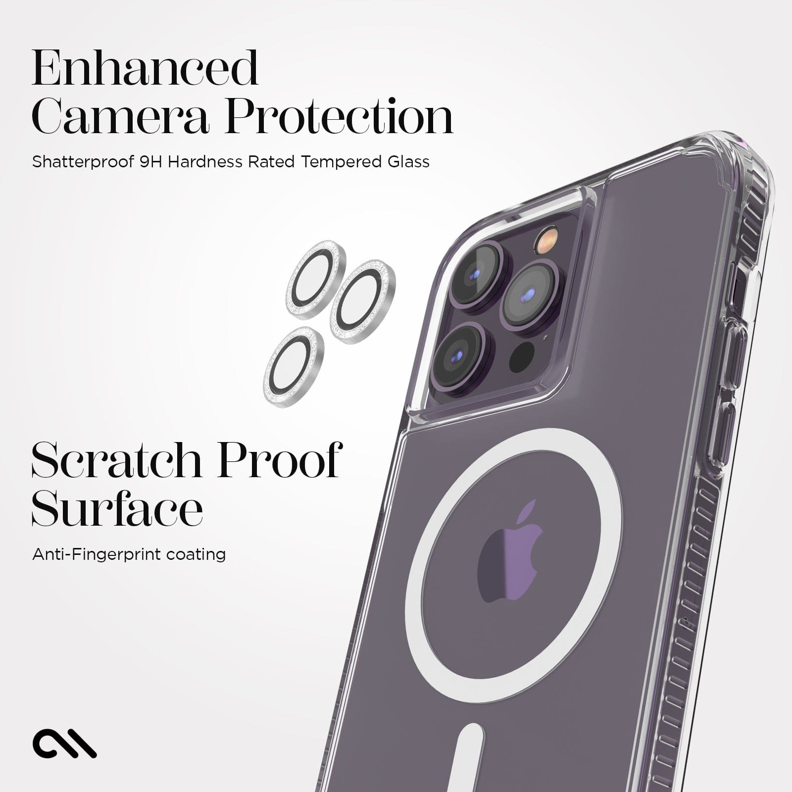 Enhanced camera protection. Shatterproof 9H hardness rated tempered glass. Scratchproof surface and anti-fingerprint coating