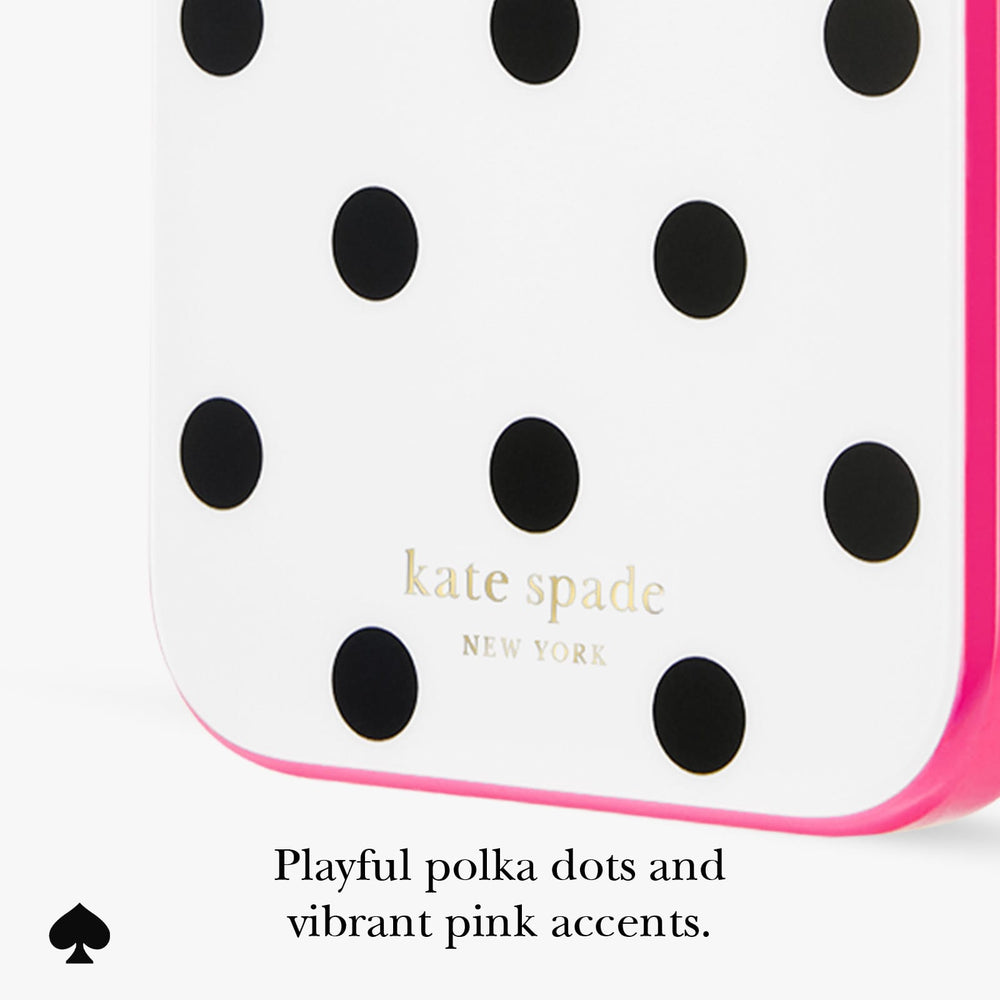 Close-up of a Kate Spade phone case featuring a white background with black polka dots and a bright pink border, with the gold 'kate spade NEW YORK' logo printed on the front. Text below reads 'Playful polka dots and vibrant pink accents.

#color_picture dot pop pink
