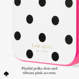 Close-up of a Kate Spade phone case featuring a white background with black polka dots and a bright pink border, with the gold 'kate spade NEW YORK' logo printed on the front. Text below reads 'Playful polka dots and vibrant pink accents.

#color_picture dot pop pink
