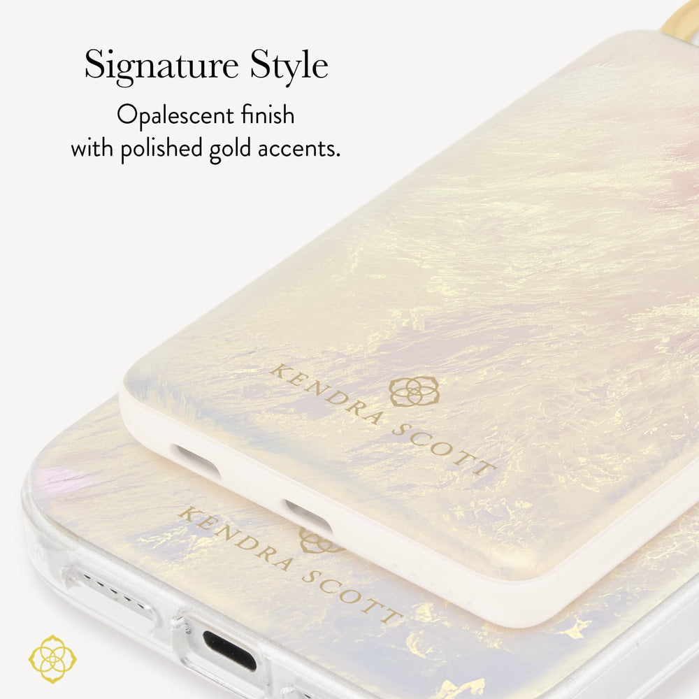 A close-up of a Kendra Scott power bank with an iridescent finish and polished gold accents, shown on a white background with descriptive text calling out the opalescent finish with gold accents 
#color_ivory pearl
