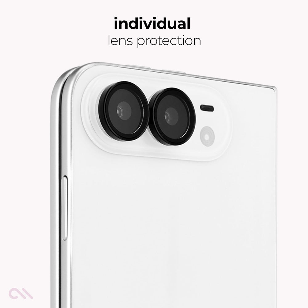 A close-up of a white smartphone showing the back camera area with two black lenses and a small circular flash opening. Above the phone, the text reads 'individual lens protection' on a clean white background.