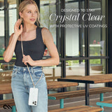 Clear iPhone 15 Pro Max case with protective coating worn on lanyard by woman in black tank top.