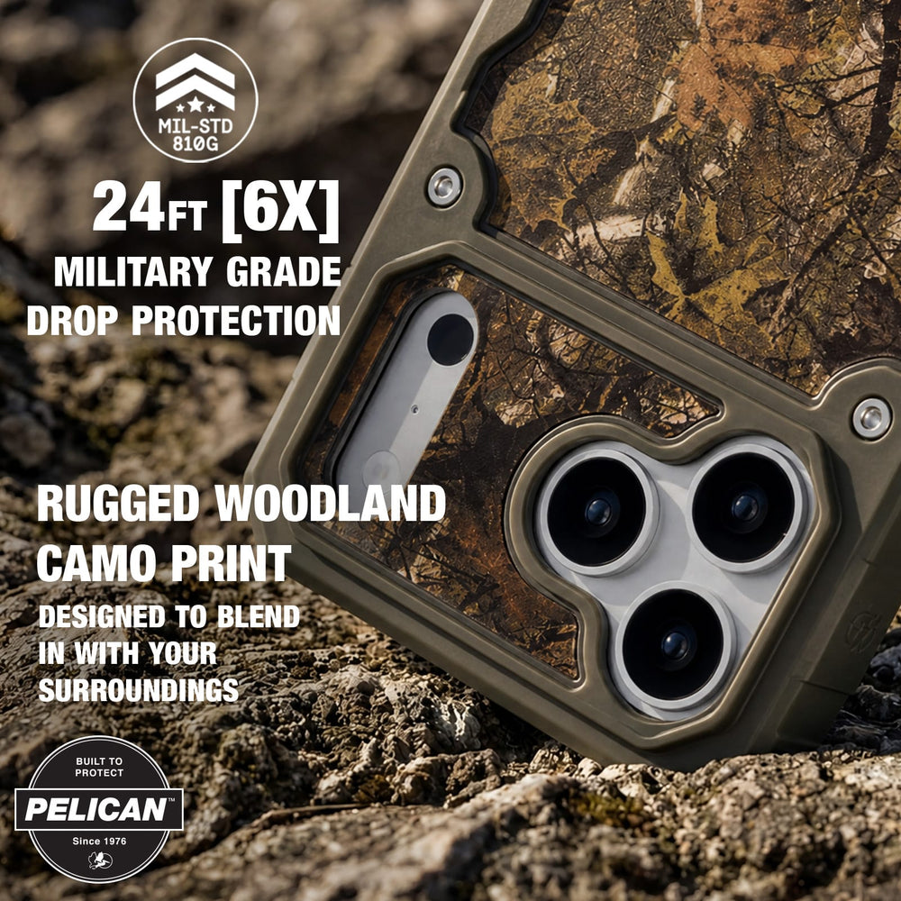 A rugged phone case with a woodland camouflage print and olive green border, shown resting on rocky ground. The image features promotional text highlighting '24FT [6X] Military Grade Drop Protection' and 'Rugged Woodland Camo Print', along with Pelican and MIL-STD 810G certification badges.

#color_shield elements hunter camo
