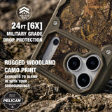 A rugged phone case with a woodland camouflage print and olive green border, shown resting on rocky ground. The image features promotional text highlighting '24FT [6X] Military Grade Drop Protection' and 'Rugged Woodland Camo Print', along with Pelican and MIL-STD 810G certification badges.

#color_shield elements hunter camo
