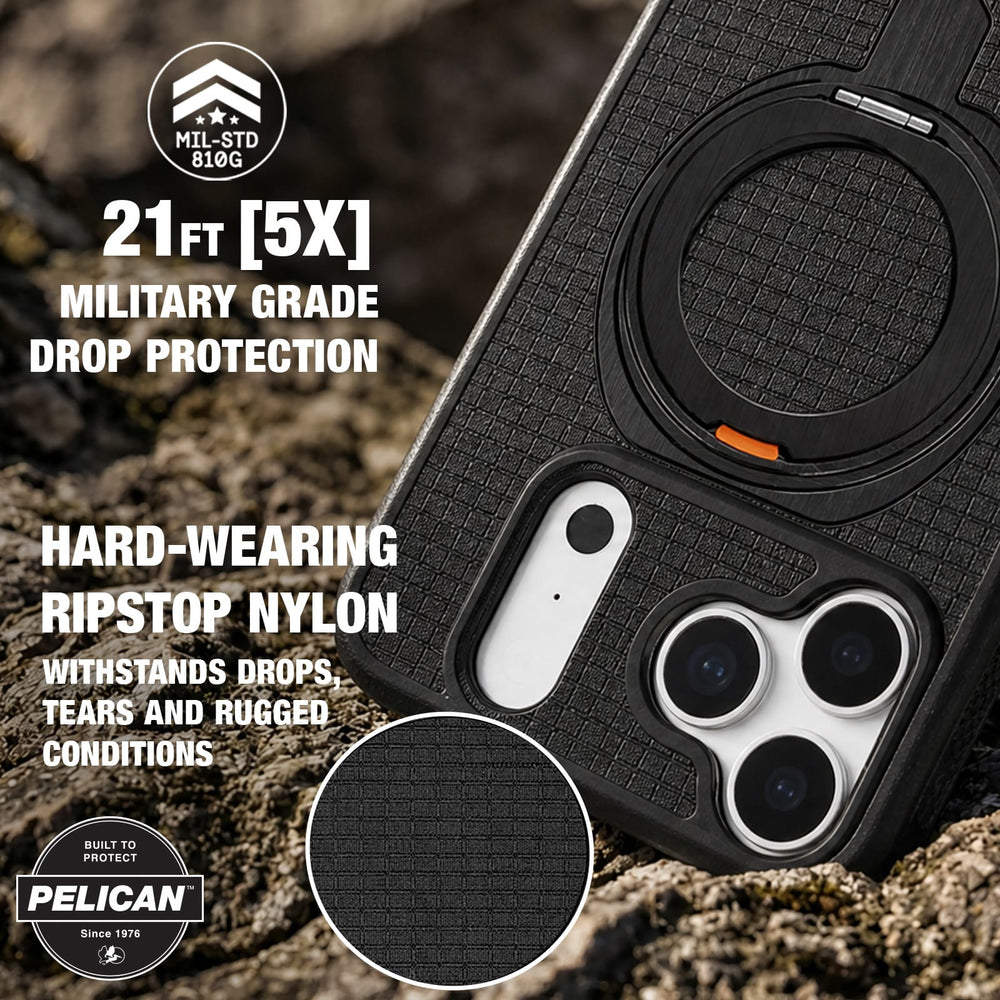 A rugged black Pelican phone case with a circular MagSafe ring, shown at an angle on a rocky outdoor surface. The image features promotional text highlighting '21FT [5X] MILITARY GRADE DROP PROTECTION' and 'HARD-WEARING RIPSTOP NYLON' alongside a circular inset showing a close-up of the textured black nylon material.

#color_vault black ripstop
