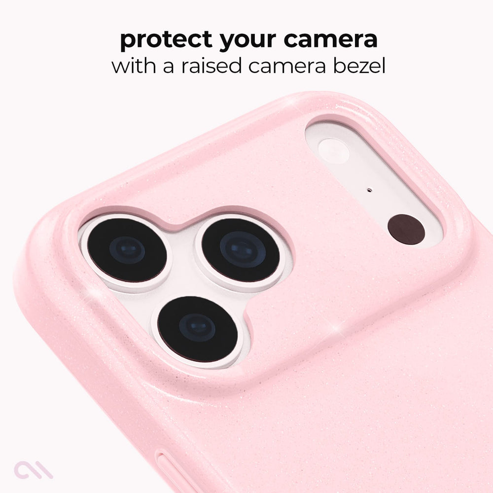 A close-up of a light pink phone case with a raised camera bezel, showing the camera cutout and text that reads 'protect your camera with a raised camera bezel' on a white background
#color_ballet pink twinkle

