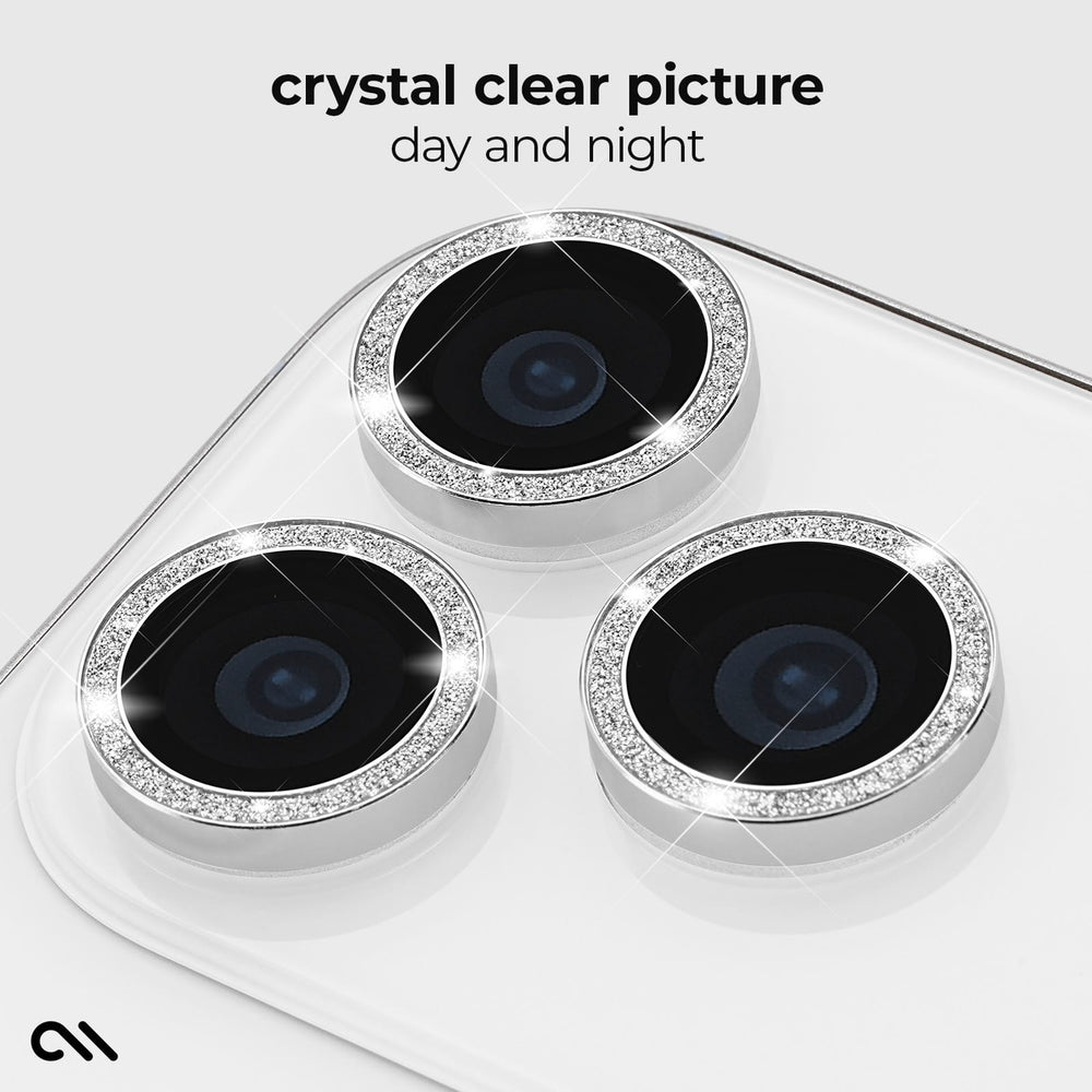 Three circular camera lens protectors with silver crystal-embellished rims and black centers, shown on a white phone camera module. Text at the top reads 'crystal clear picture day and night'.

#color_twinkle
