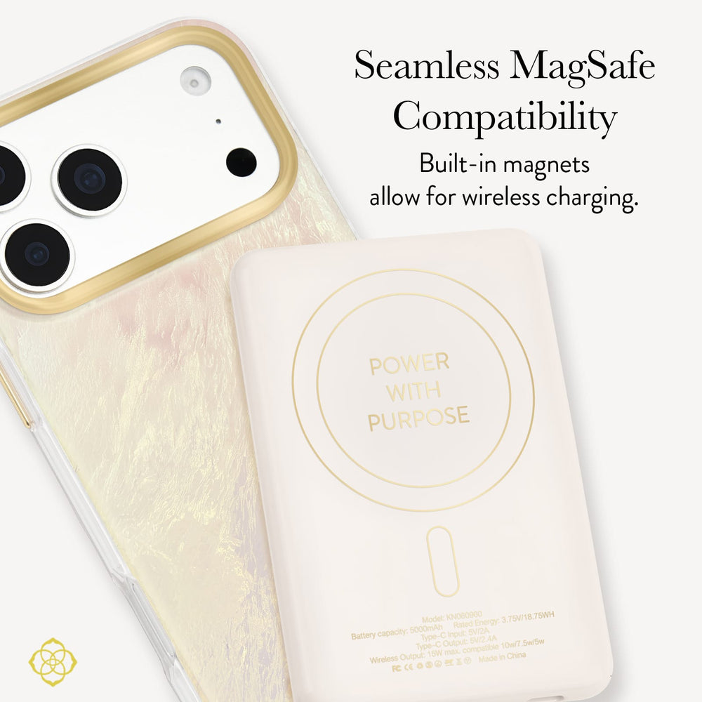 A light beige magnetic wireless phone charger with gold text and a charging symbol, shown next to a phone case with a gold-trimmed camera cutout. Text on the image reads 'Seamless MagSafe Compatibility' and 'Built-in magnets allow for wireless charging.

#color_ivory pearl