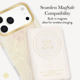 A light beige magnetic wireless phone charger with gold text and a charging symbol, shown next to a phone case with a gold-trimmed camera cutout. Text on the image reads 'Seamless MagSafe Compatibility' and 'Built-in magnets allow for wireless charging.

#color_ivory pearl