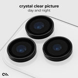 Three circular black camera lens protectors shown on a white phone back, with text reading 'crystal clear picture day and night' above and a small logo in the lower left corner.
#color_midnight black