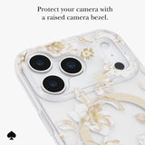 A clear phone case with white and gold floral patterns, shown close-up with a raised bezel around the camera lenses. Text at the top reads 'Protect your camera with a raised bezel.

#color_autumn toile