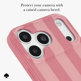 A pink striped phone case with a raised camera bezel, shown on a white background with promotional text at the top and a small black spade logo at the bottom left.

#color_stripe rose coral