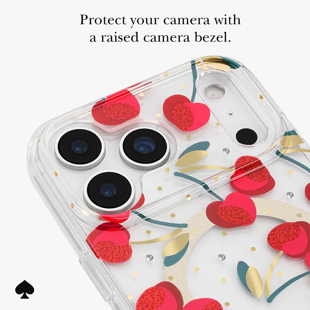 A clear phone case with a raised camera bezel, decorated with red glittery hearts, gold dots, and teal and gold leaf motifs, shown on a light gray background with promotional text.

#color_cherry dot