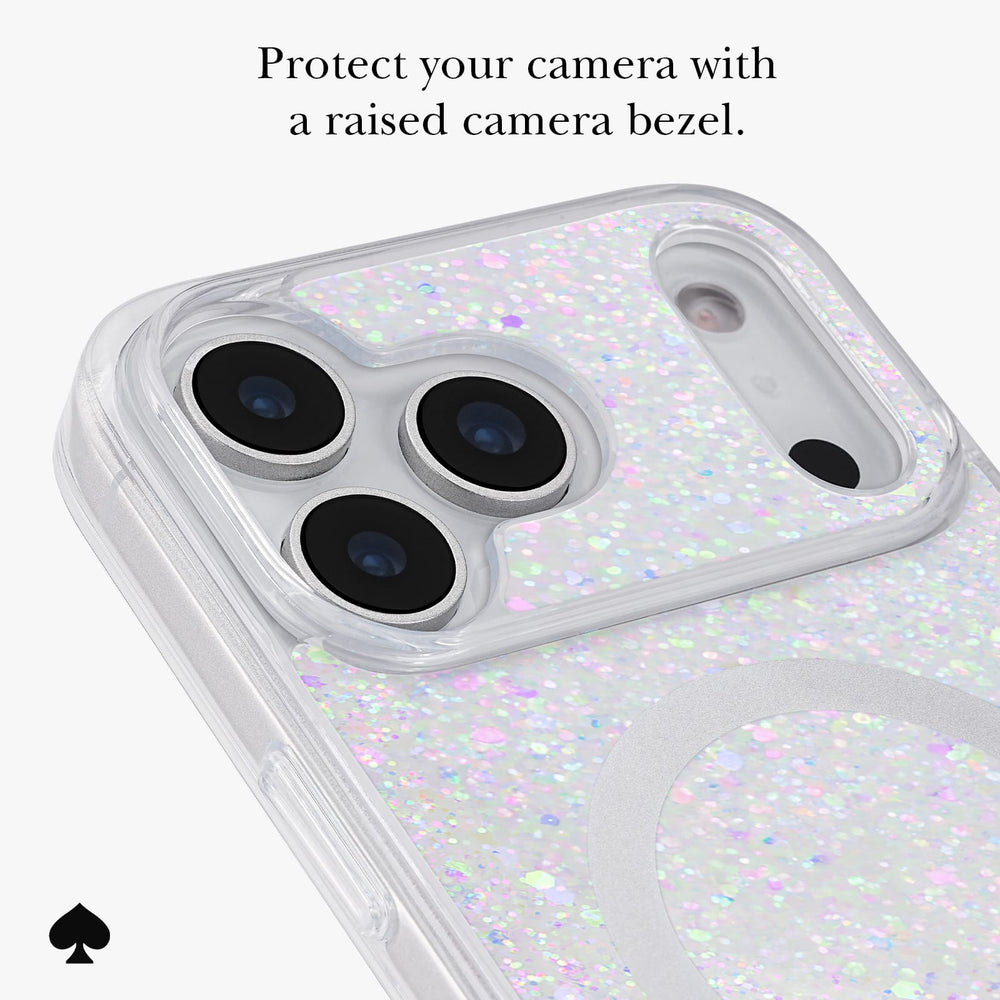 A close-up of a clear phone case with iridescent holographic glitter and a raised camera bezel, shown on a light gray background with the text 'Protect your camera with a raised camera bezel.' and a small black spade icon.

#color_chunky glitter