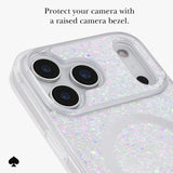 A close-up of a clear phone case with iridescent holographic glitter and a raised camera bezel, shown on a light gray background with the text 'Protect your camera with a raised camera bezel.' and a small black spade icon.

#color_chunky glitter