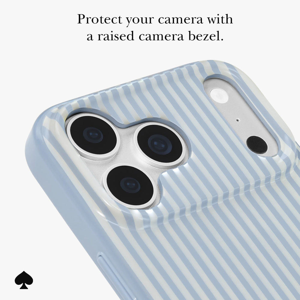 A close-up of a phone case with a light blue and white vertical stripe pattern, featuring a raised silver camera bezel. Text at the top reads 'Protect your camera with a raised camera bezel.

#color_diamond blue stripe