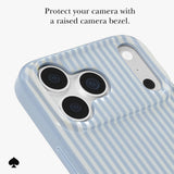 A close-up of a phone case with a light blue and white vertical stripe pattern, featuring a raised silver camera bezel. Text at the top reads 'Protect your camera with a raised camera bezel.

#color_diamond blue stripe