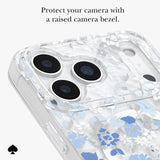 A clear phone case with a blue and white floral pattern, shown on a phone with a raised camera bezel. Text at the top reads 'Protect your camera with a raised camera bezel.

#color_flowerbed blue